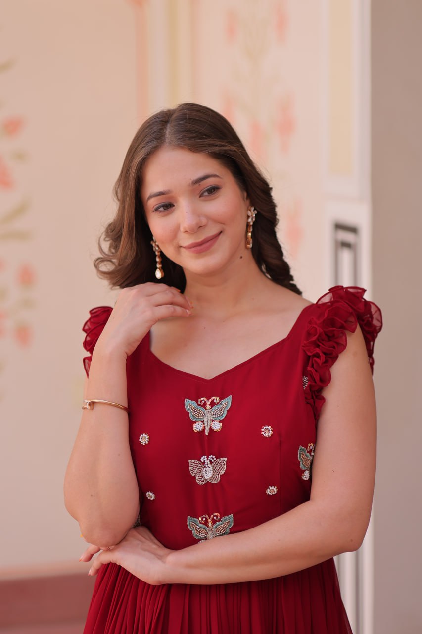 Multithreaded Beads Embroidery work mustard red colour gown