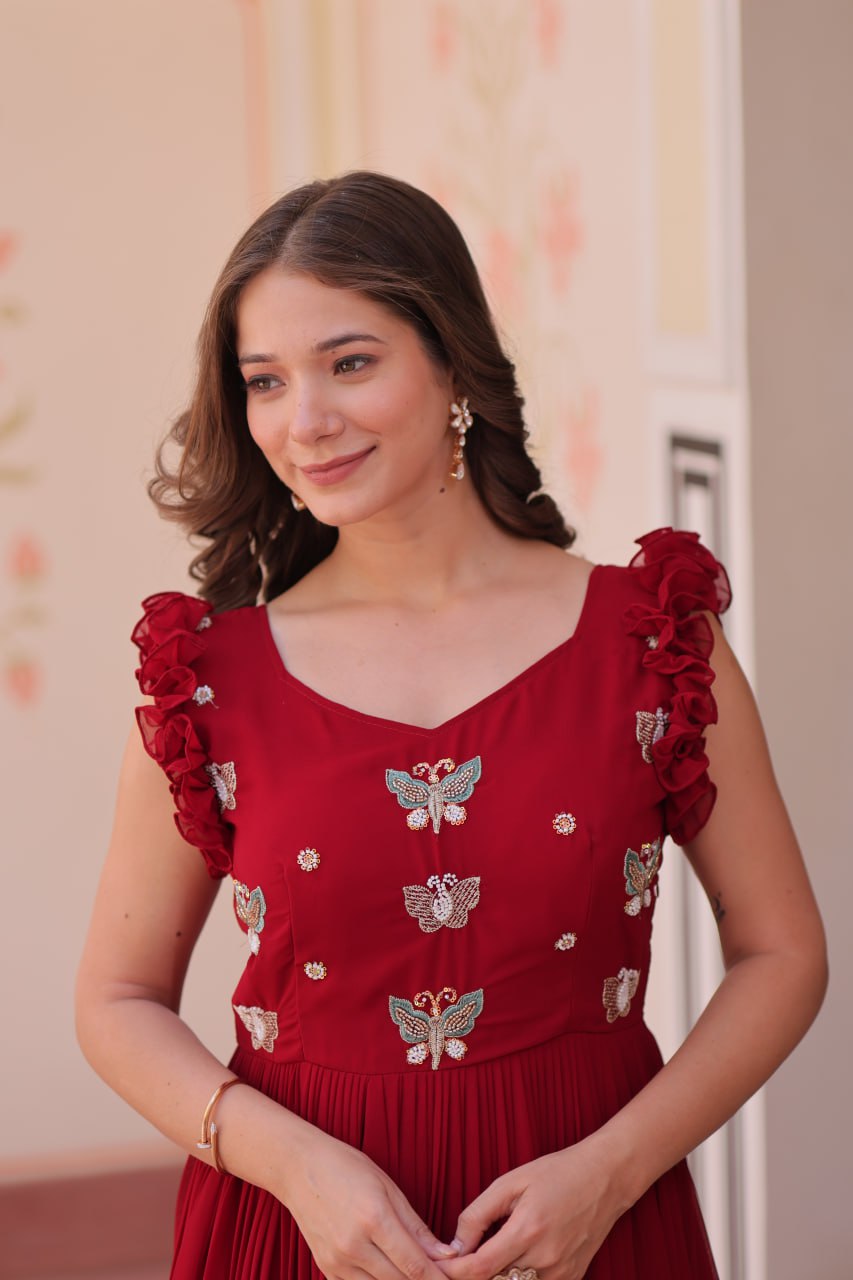 Multithreaded Beads Embroidery work mustard red colour gown