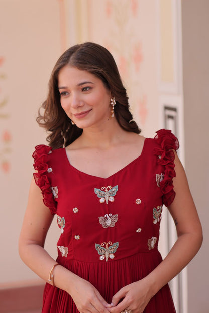 Multithreaded Beads Embroidery work mustard red colour gown