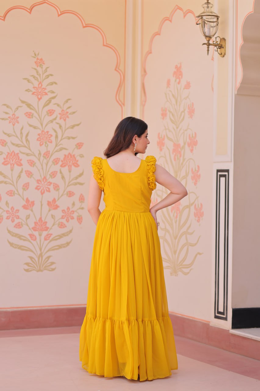Multithreaded Beads Embroidery work mustard yellow colour gown
