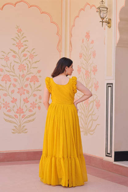Multithreaded Beads Embroidery work mustard yellow colour gown