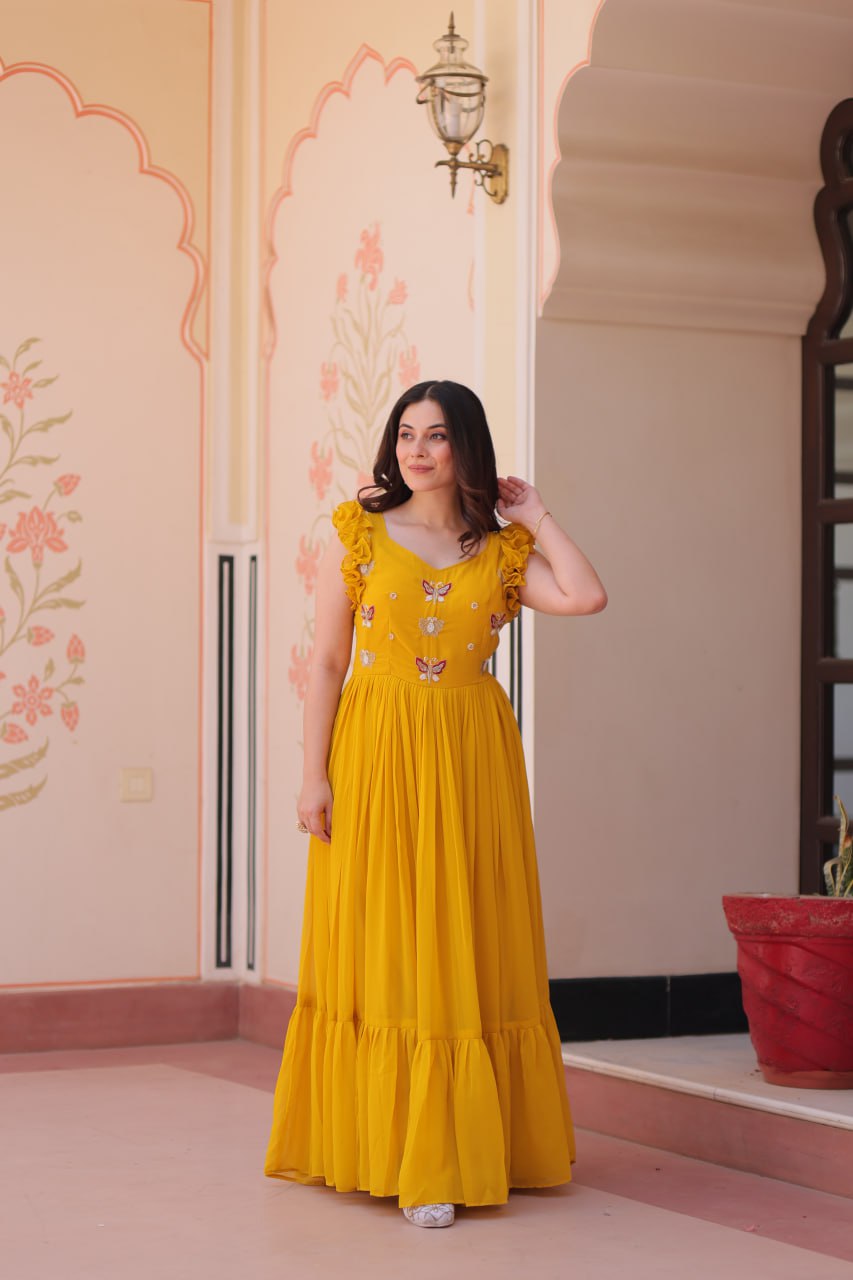 Multithreaded Beads Embroidery work mustard yellow colour gown