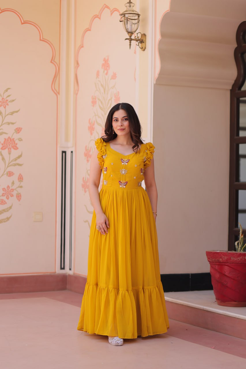 Multithreaded Beads Embroidery work mustard yellow colour gown