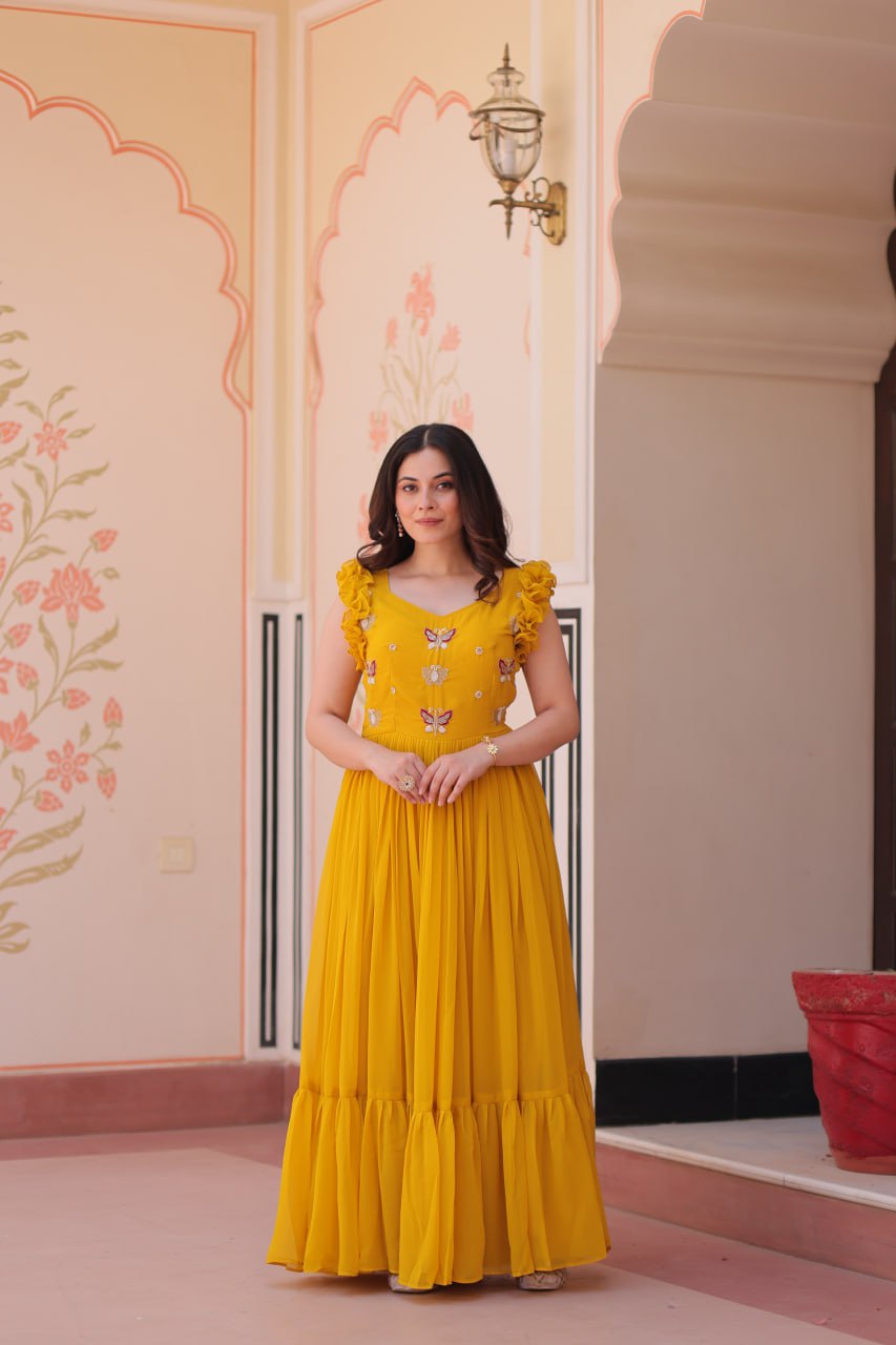 Multithreaded Beads Embroidery work mustard yellow colour gown