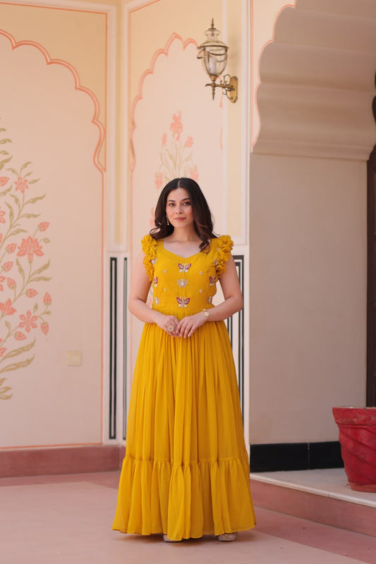 Multithreaded Beads Embroidery work mustard yellow colour gown