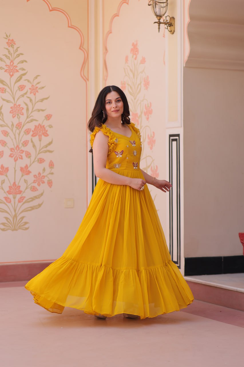 Multithreaded Beads Embroidery work mustard yellow colour gown