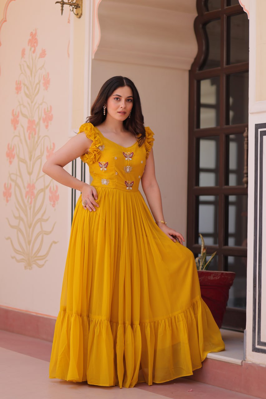 Multithreaded Beads Embroidery work mustard yellow colour gown