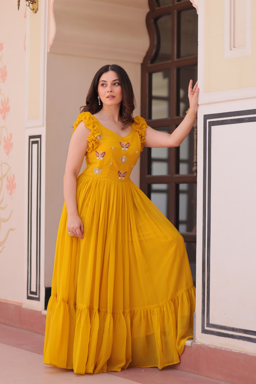 Multithreaded Beads Embroidery work mustard yellow colour gown