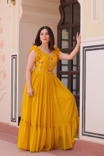Multithreaded Beads Embroidery work mustard yellow colour gown