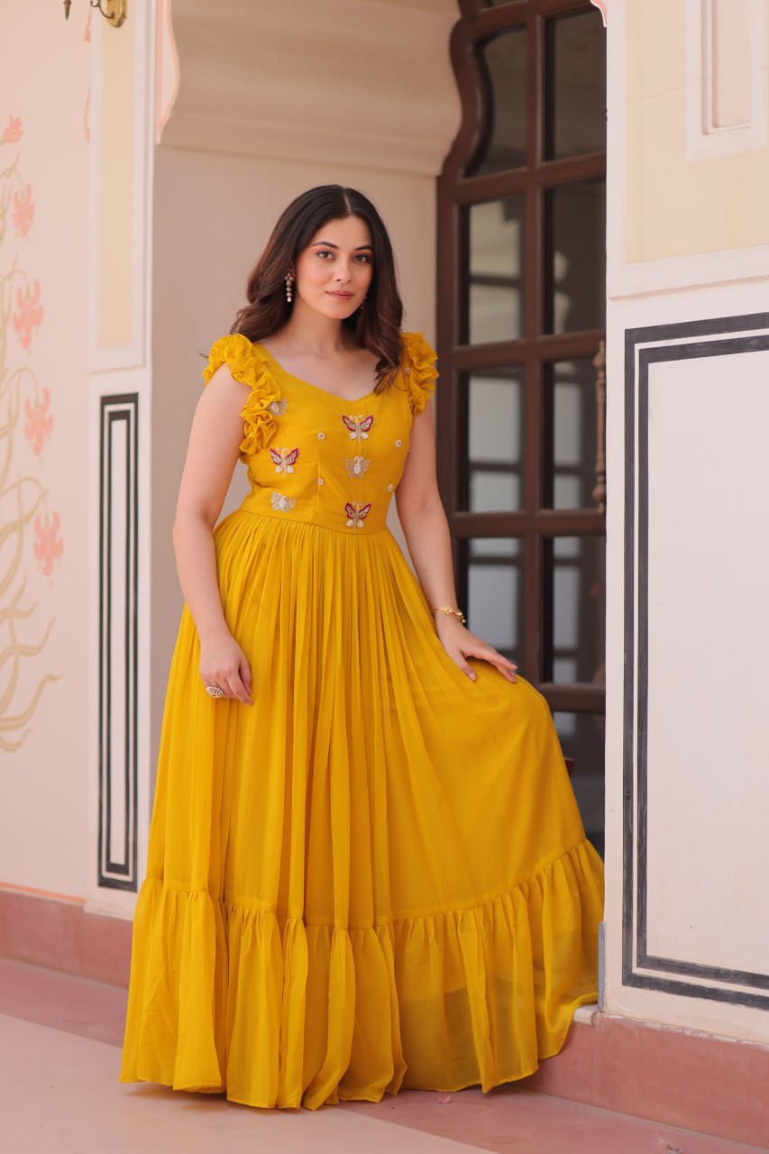Multithreaded Beads Embroidery work mustard yellow colour gown