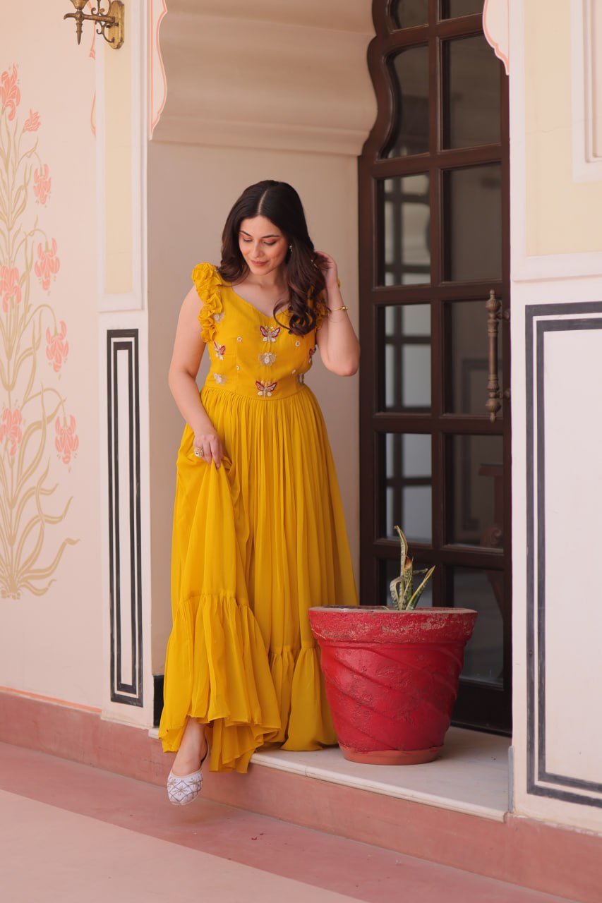 Multithreaded Beads Embroidery work mustard yellow colour gown