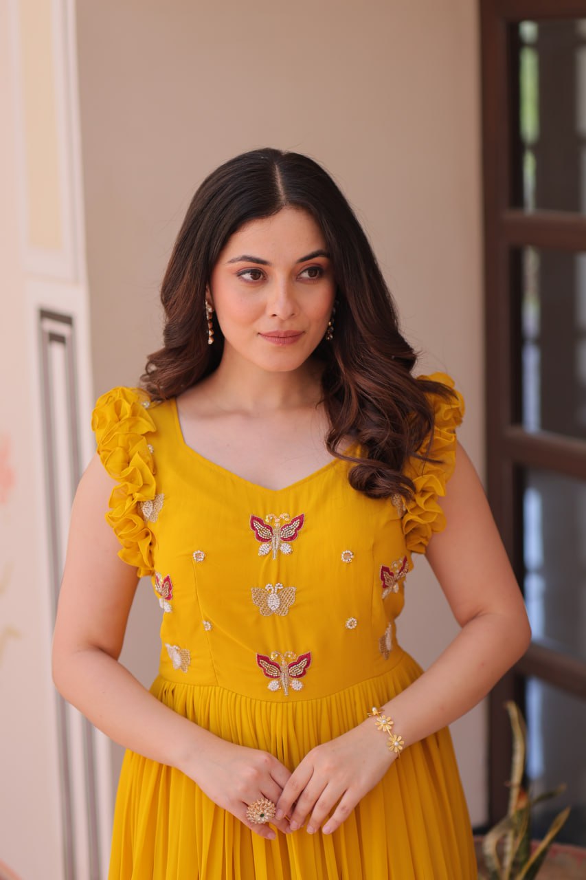 Multithreaded Beads Embroidery work mustard yellow colour gown