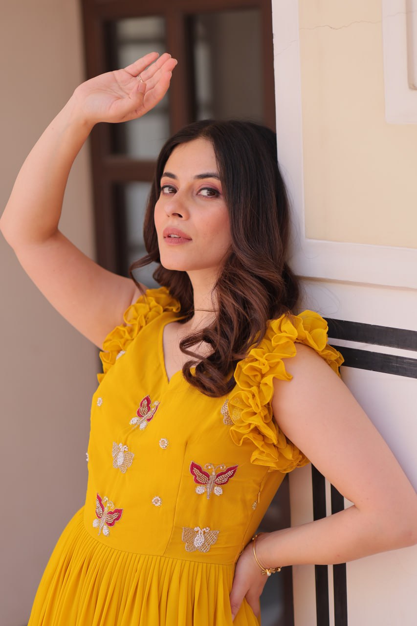 Multithreaded Beads Embroidery work mustard yellow colour gown