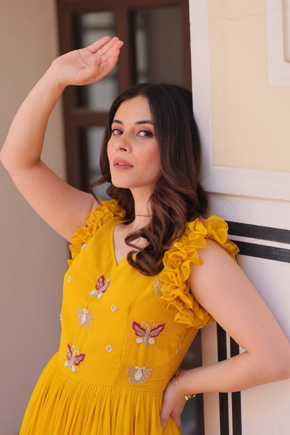 Multithreaded Beads Embroidery work mustard yellow colour gown