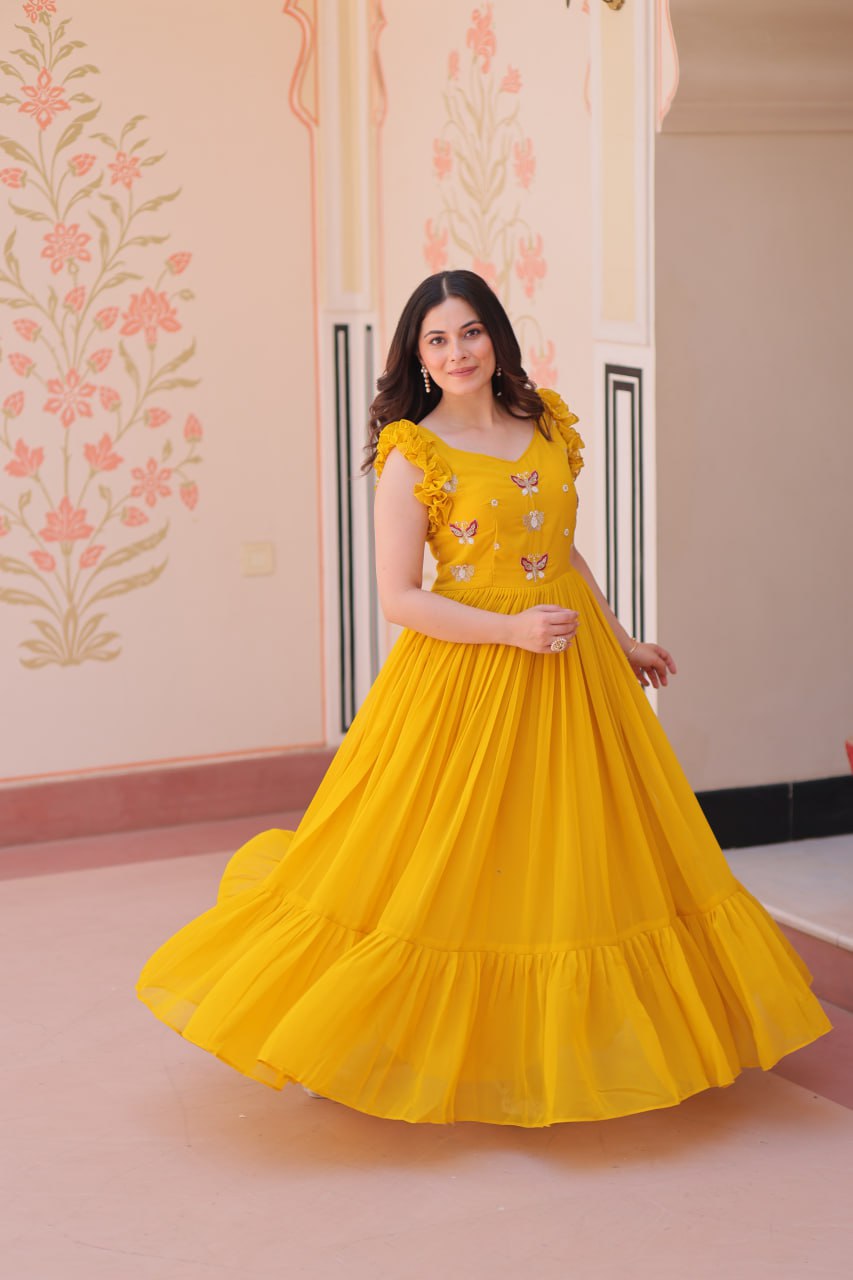 Multithreaded Beads Embroidery work mustard yellow colour gown