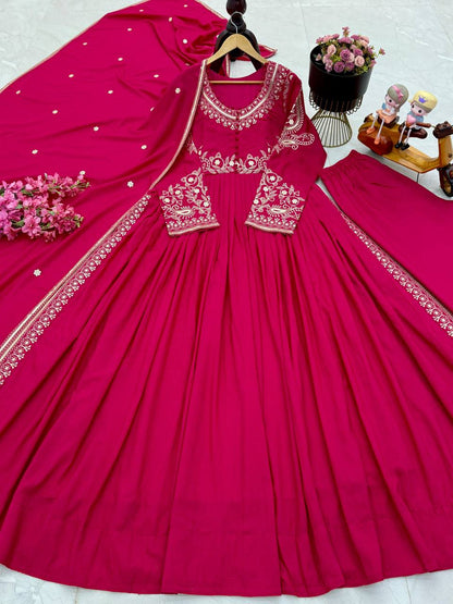 Elegant Heavy Chinon Top & Lehenga Set with Dupatta – Full Sleeves & Embroidery Details