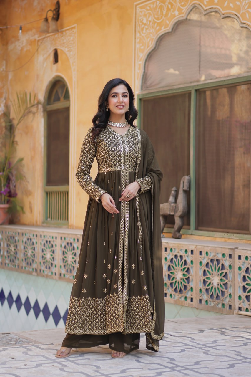 Faux Georgette Olive Green Color With Embroidered Work