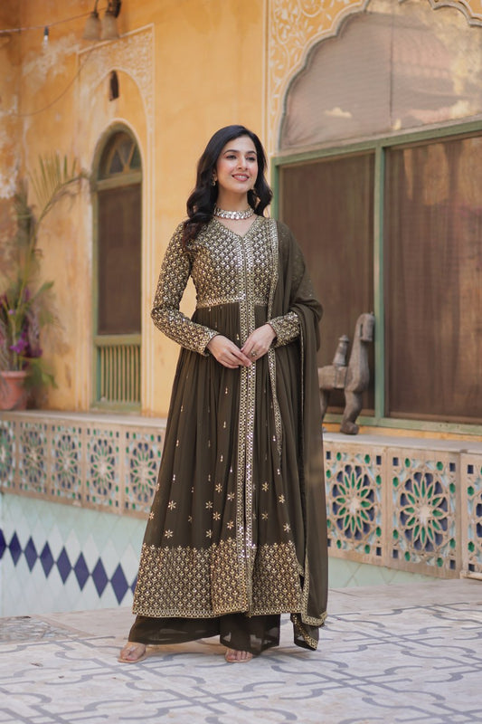 Faux Georgette Olive Green Color With Embroidered Work