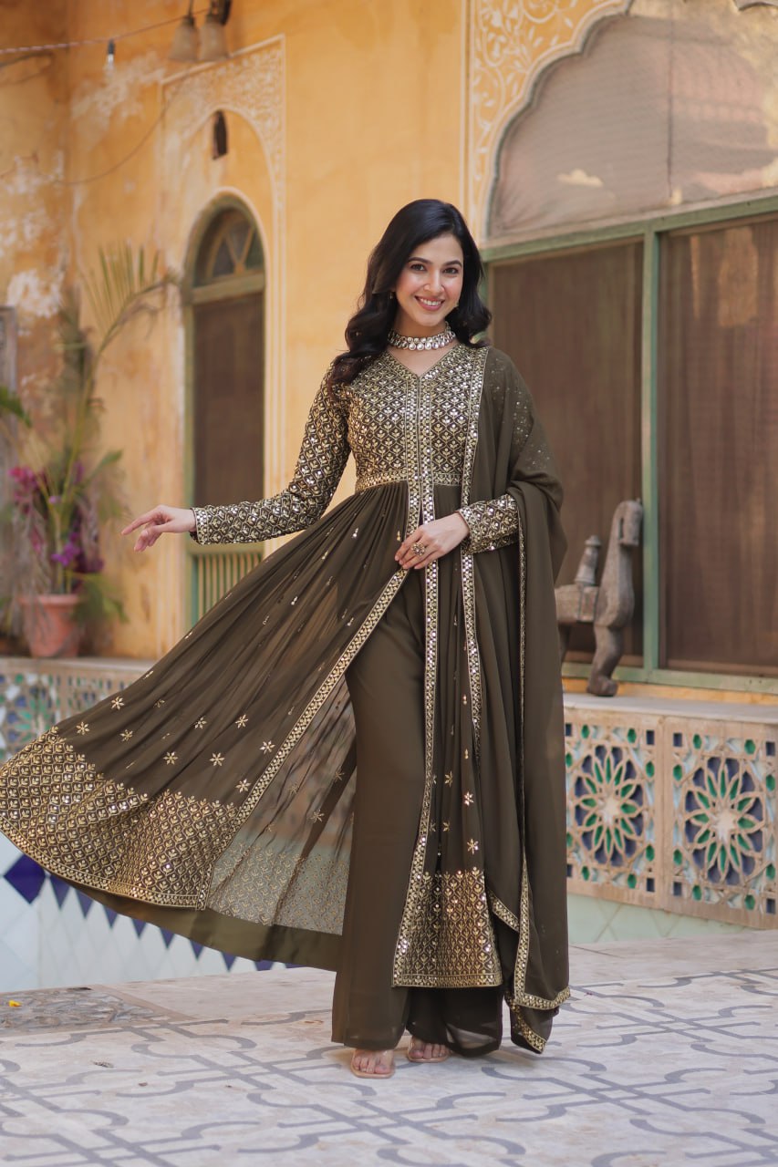Faux Georgette Olive Green Color With Embroidered Work
