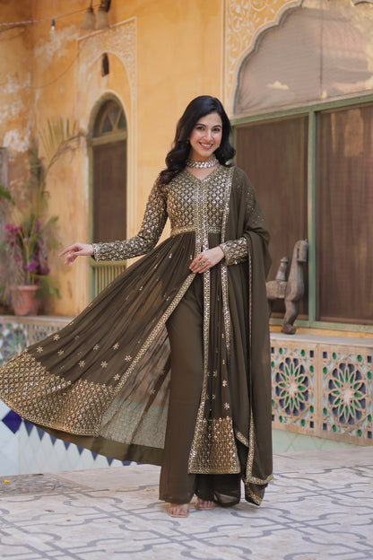 Faux Georgette Olive Green Color With Embroidered Work