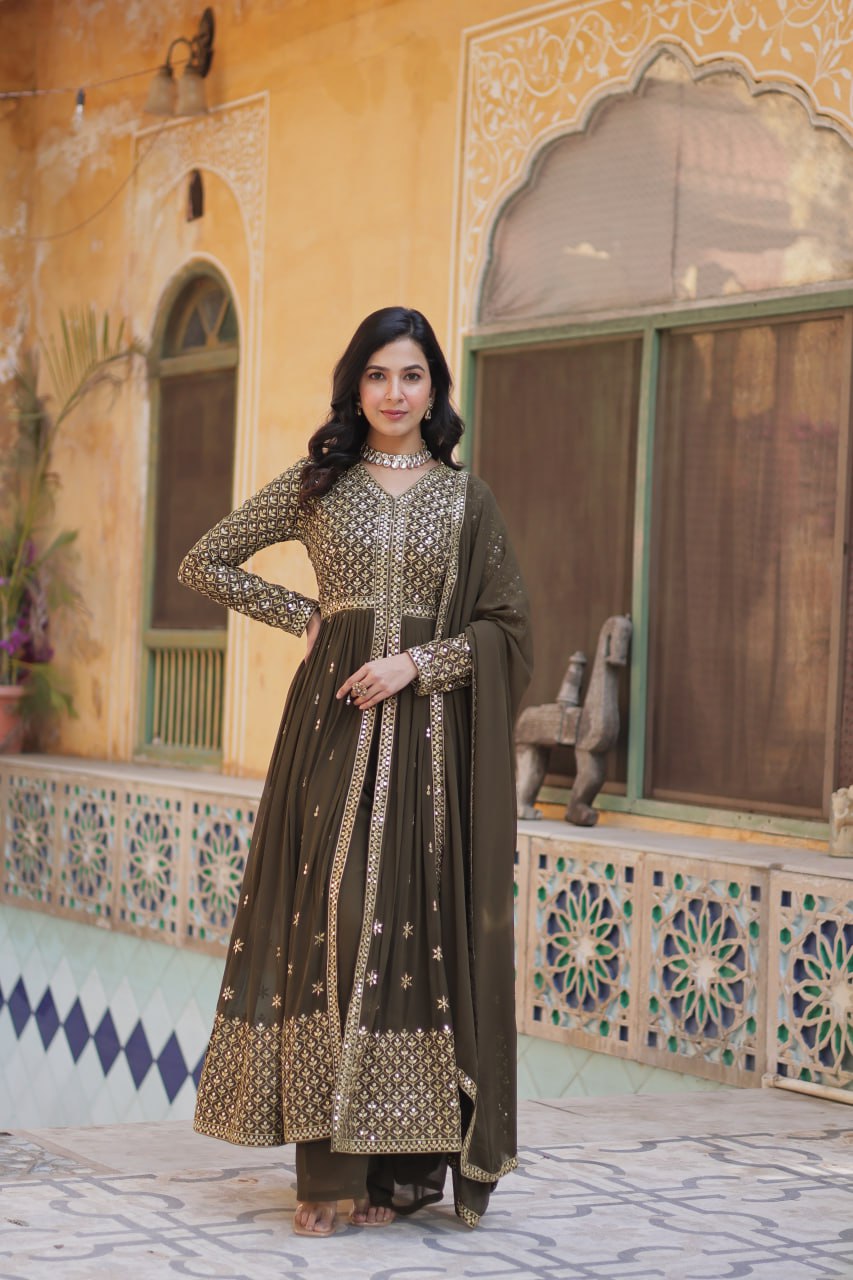 Faux Georgette Olive Green Color With Embroidered Work