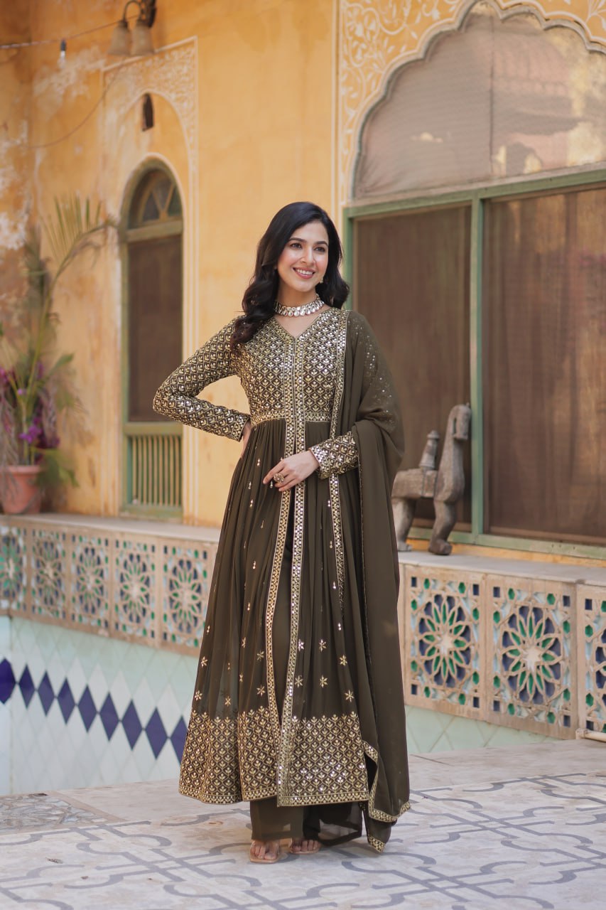Faux Georgette Olive Green Color With Embroidered Work