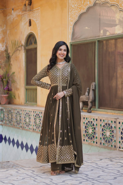Faux Georgette Olive Green Color With Embroidered Work