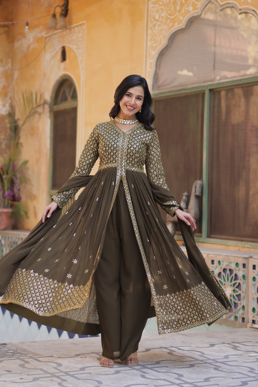 Faux Georgette Olive Green Color With Embroidered Work