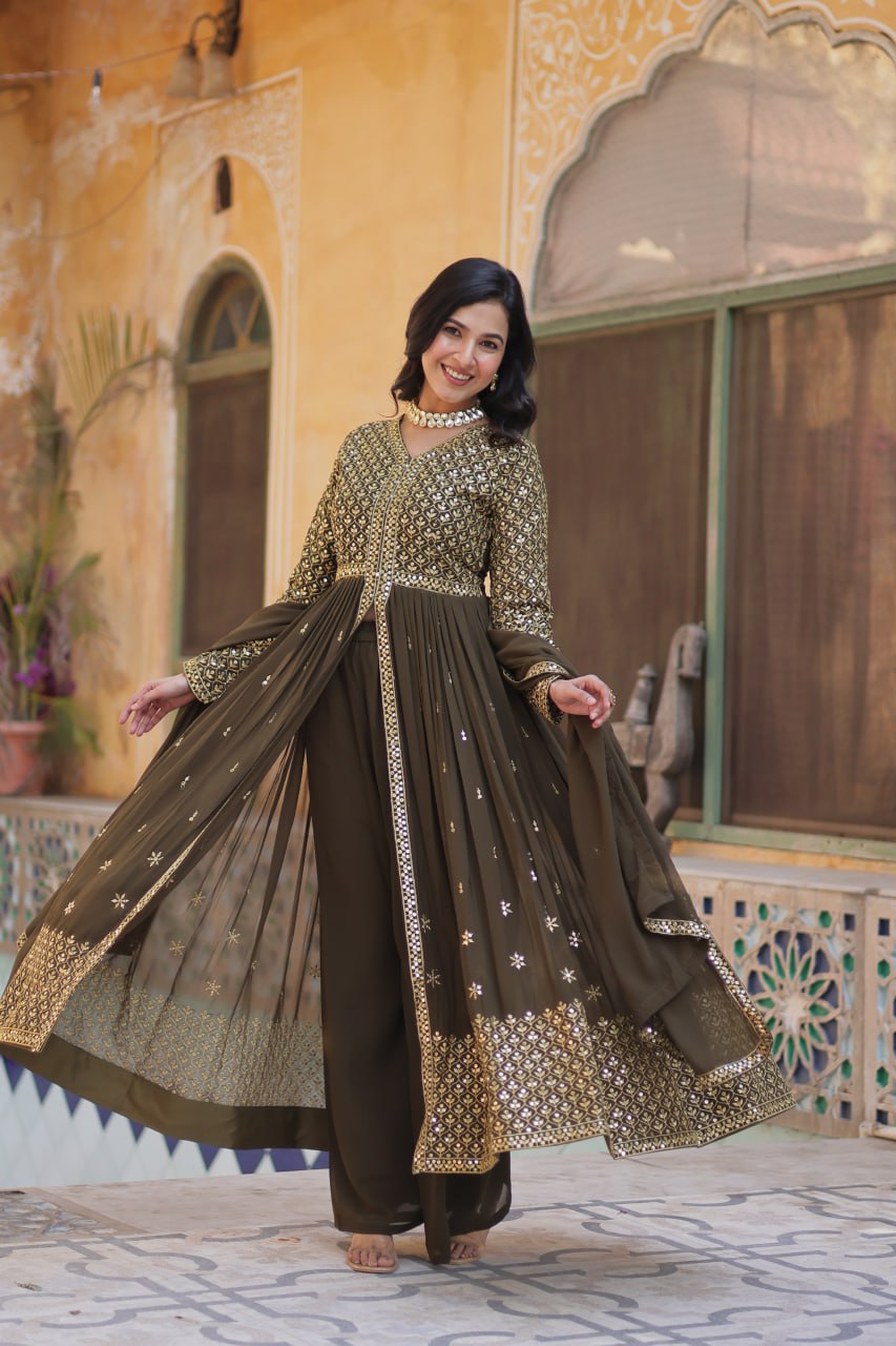 Faux Georgette Olive Green Color With Embroidered Work