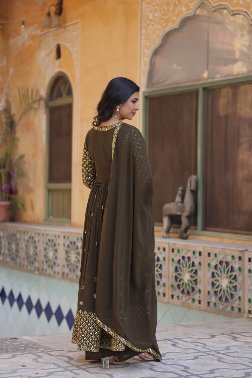 Faux Georgette Olive Green Color With Embroidered Work