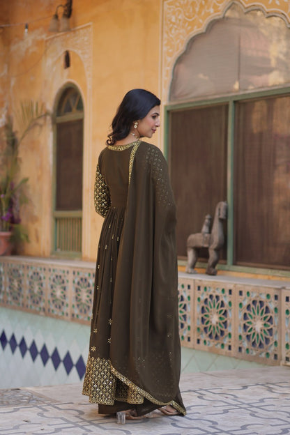 Faux Georgette Olive Green Color With Embroidered Work