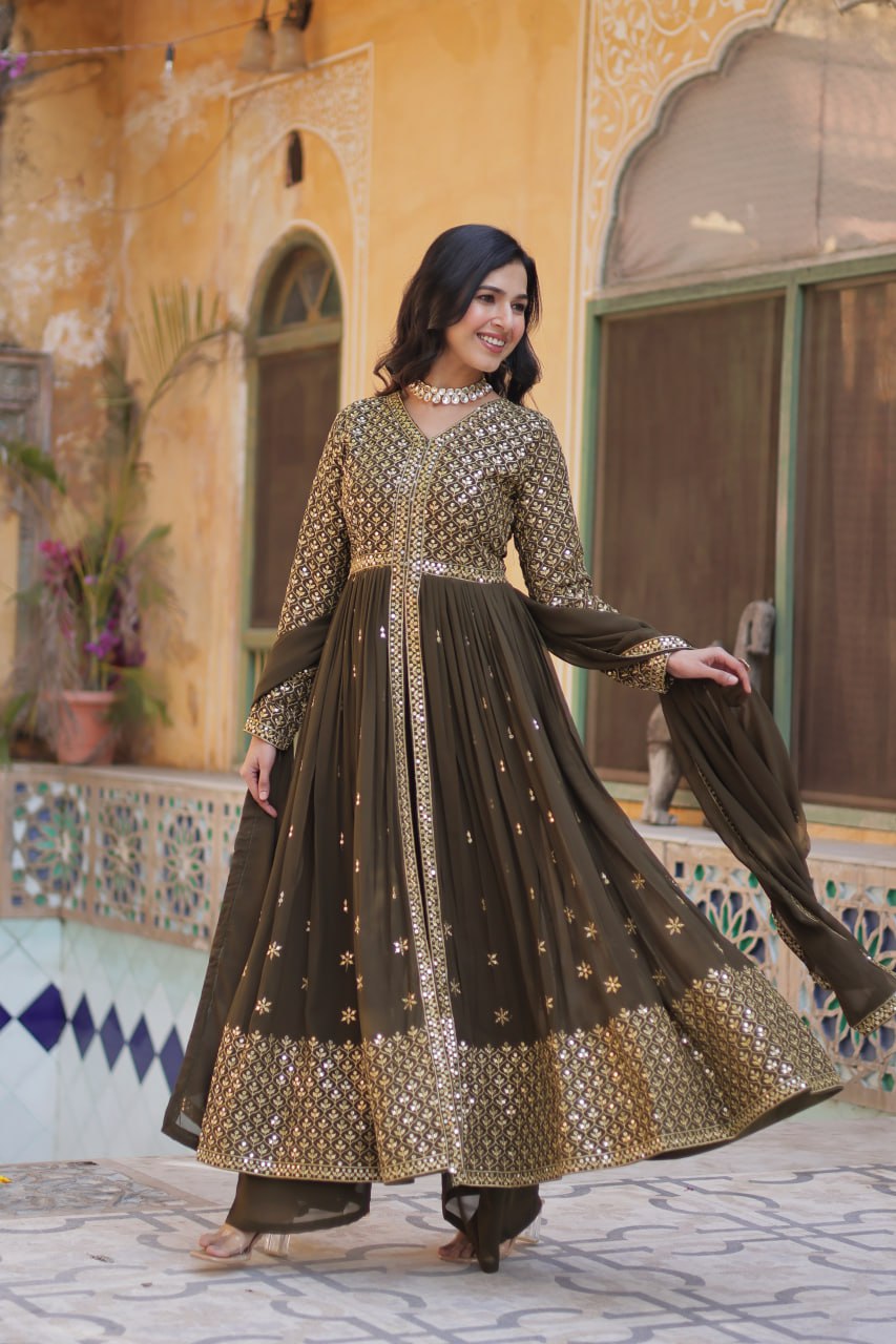 Faux Georgette Olive Green Color With Embroidered Work