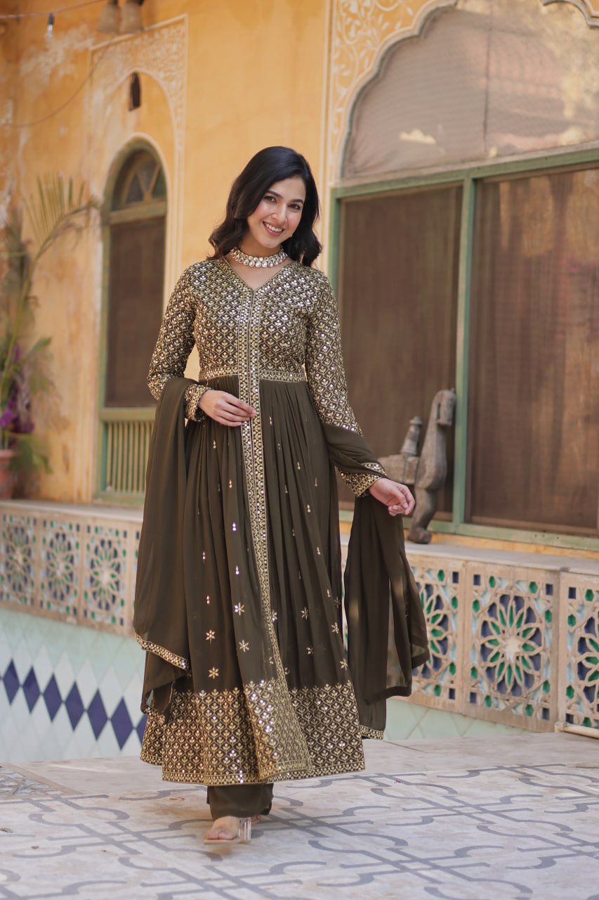Faux Georgette Olive Green Color With Embroidered Work