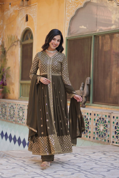 Faux Georgette Olive Green Color With Embroidered Work