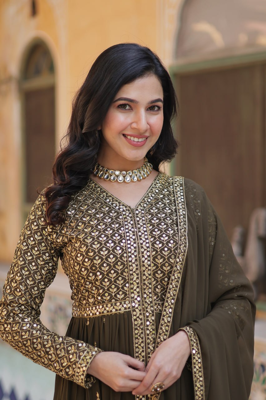 Faux Georgette Olive Green Color With Embroidered Work