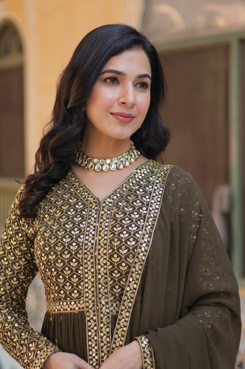 Faux Georgette Olive Green Color With Embroidered Work