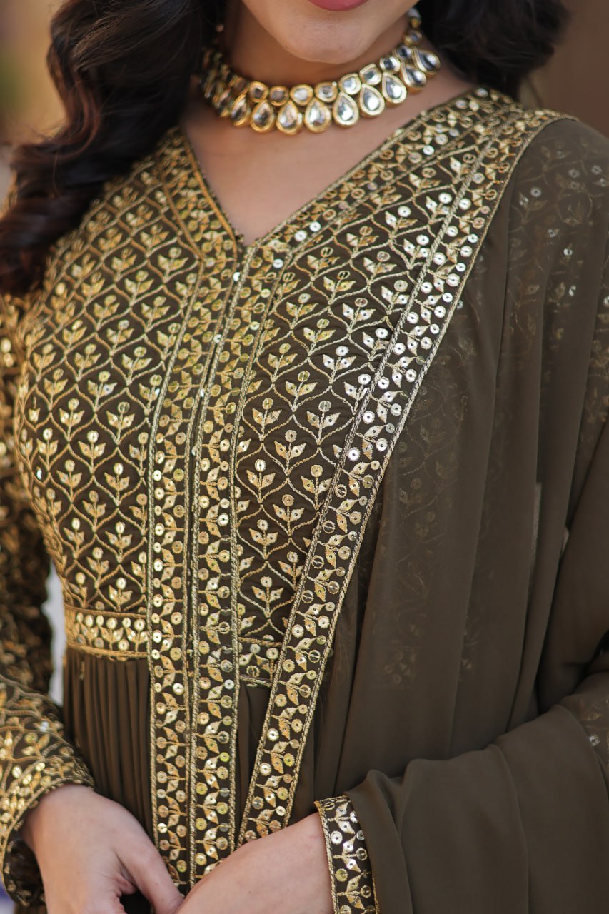 Faux Georgette Olive Green Color With Embroidered Work
