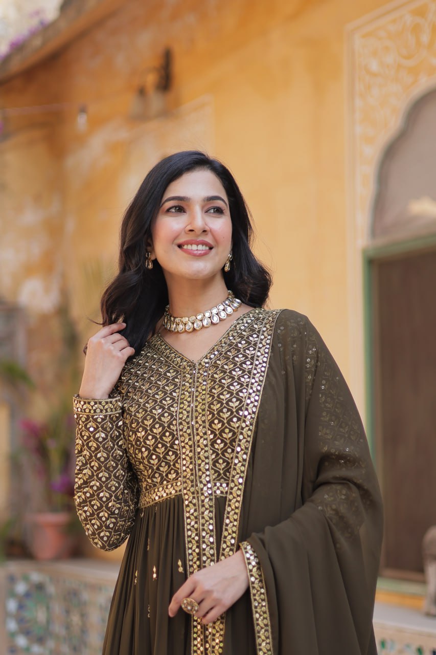 Faux Georgette Olive Green Color With Embroidered Work