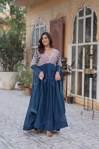 Star Georgette with Embroidery Beads Sequins-work Blue Color