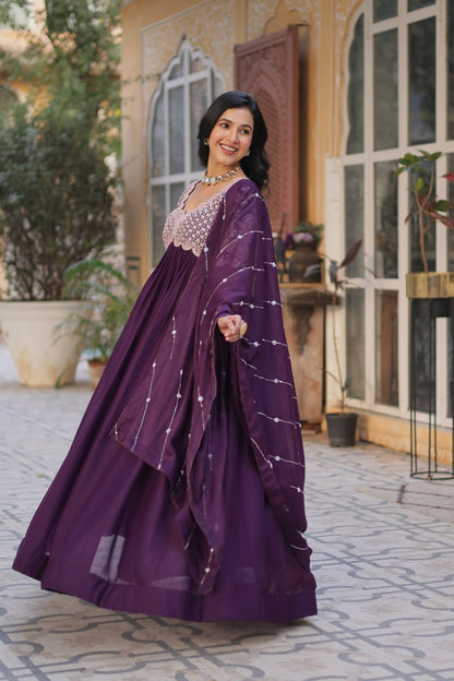 Star Georgette with Embroidery Beads Sequins-work Purple Color