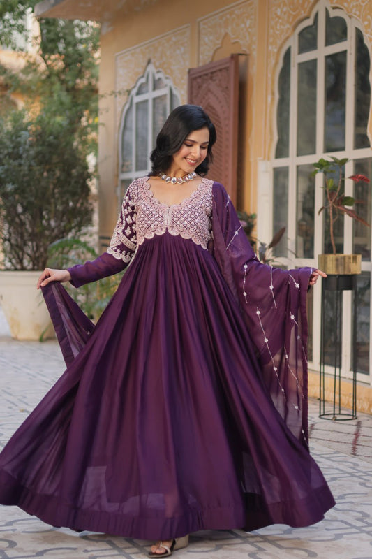Star Georgette with Embroidery Beads Sequins-work Purple Color