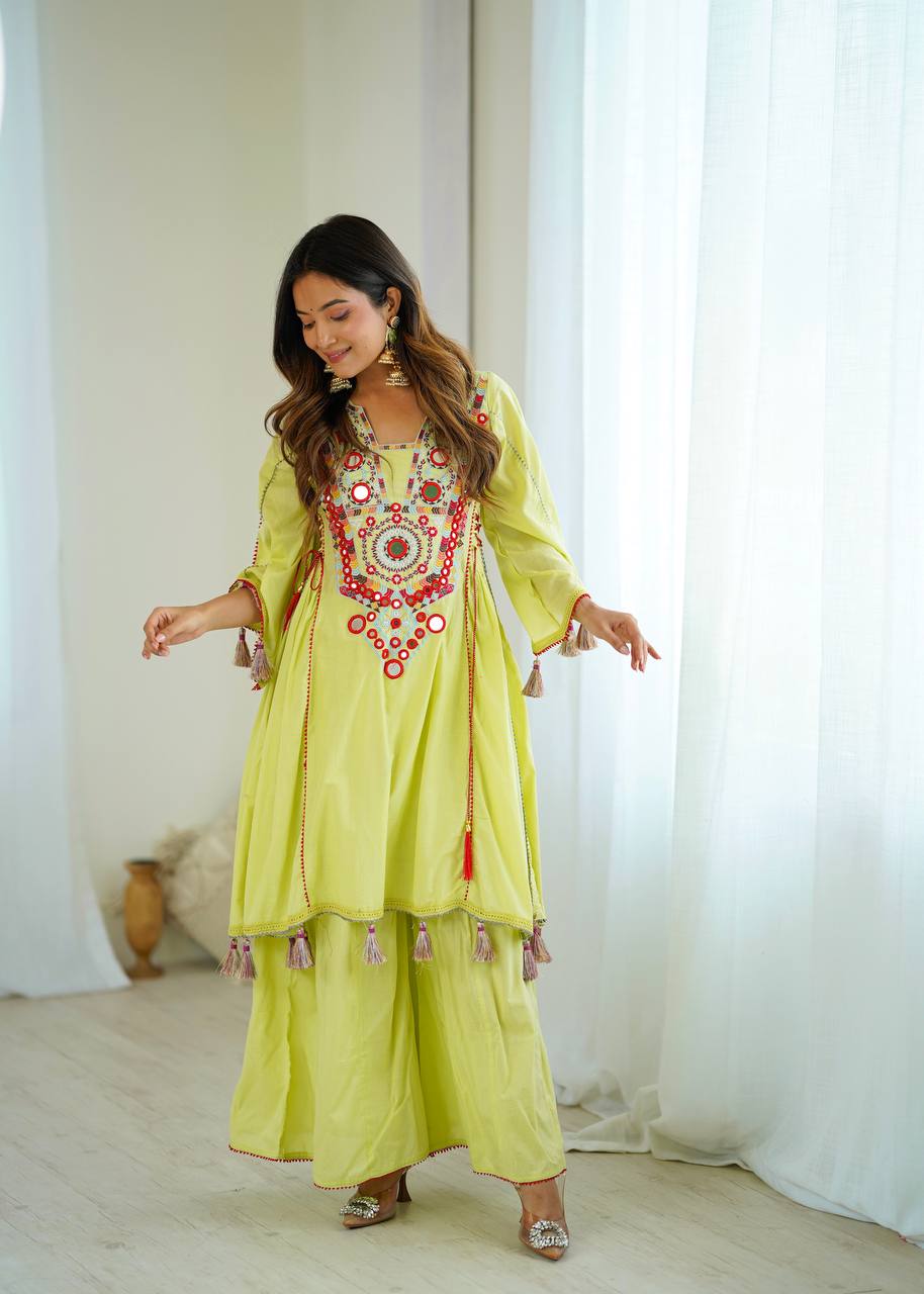 Pista-Green Color Pure Khadi Cotton Kurta With Pant Set