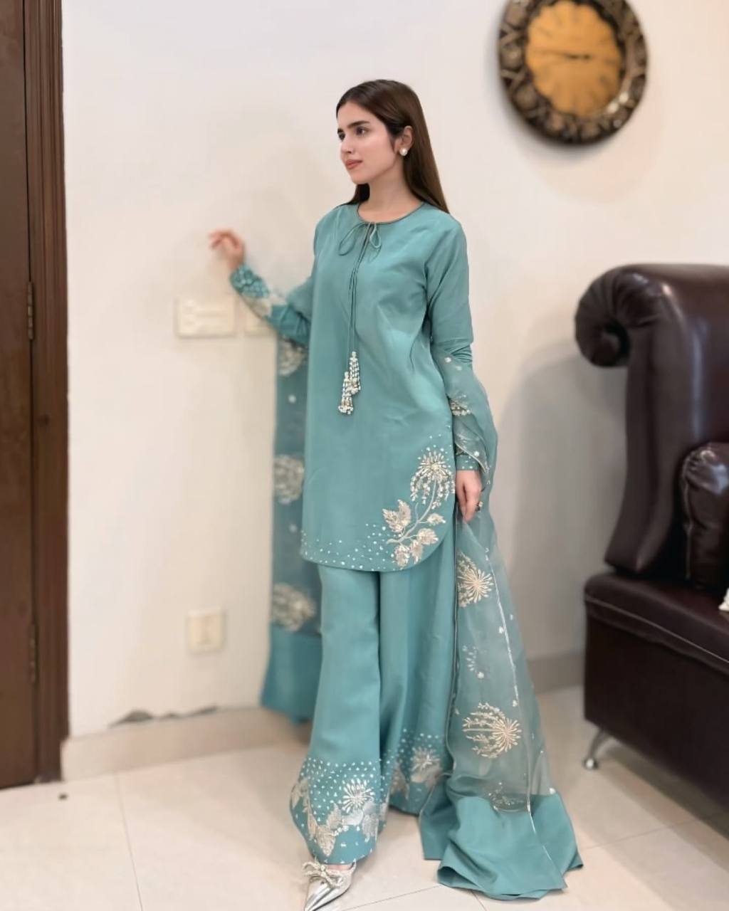 Teal Elegance: Embellished Suit with Sheer Dupatta and Graceful Traditional Charm