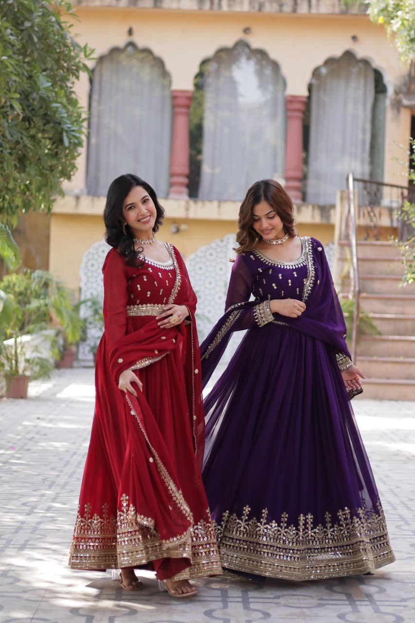Stunning Red Color Sequins Georgette Festival Wear Gown With Dupatta