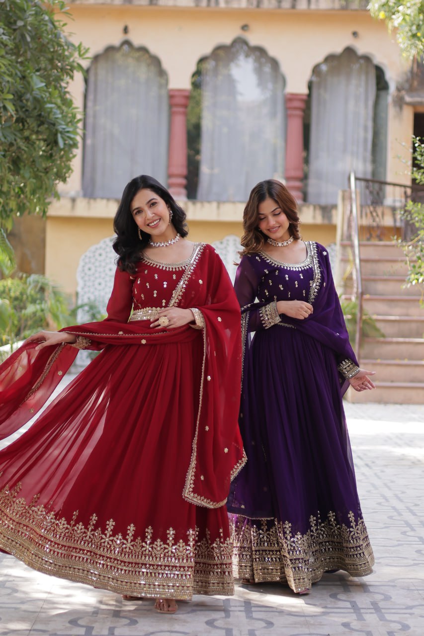 Stunning Red Color Sequins Georgette Festival Wear Gown With Dupatta