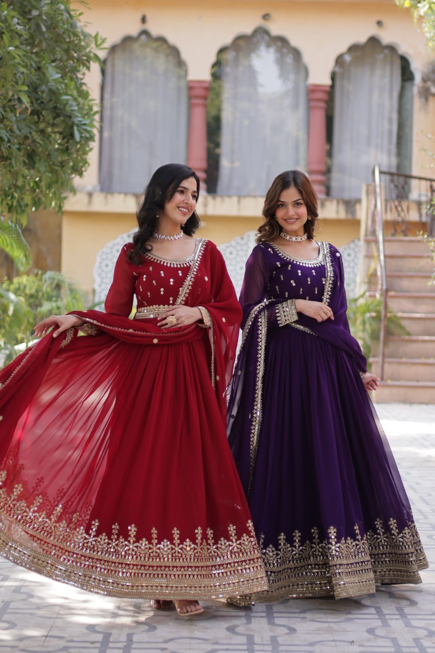Stunning Red Color Sequins Georgette Festival Wear Gown With Dupatta