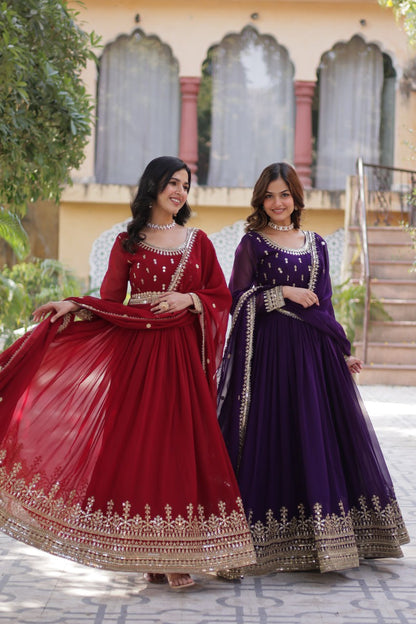 Stunning Red Color Sequins Georgette Festival Wear Gown With Dupatta