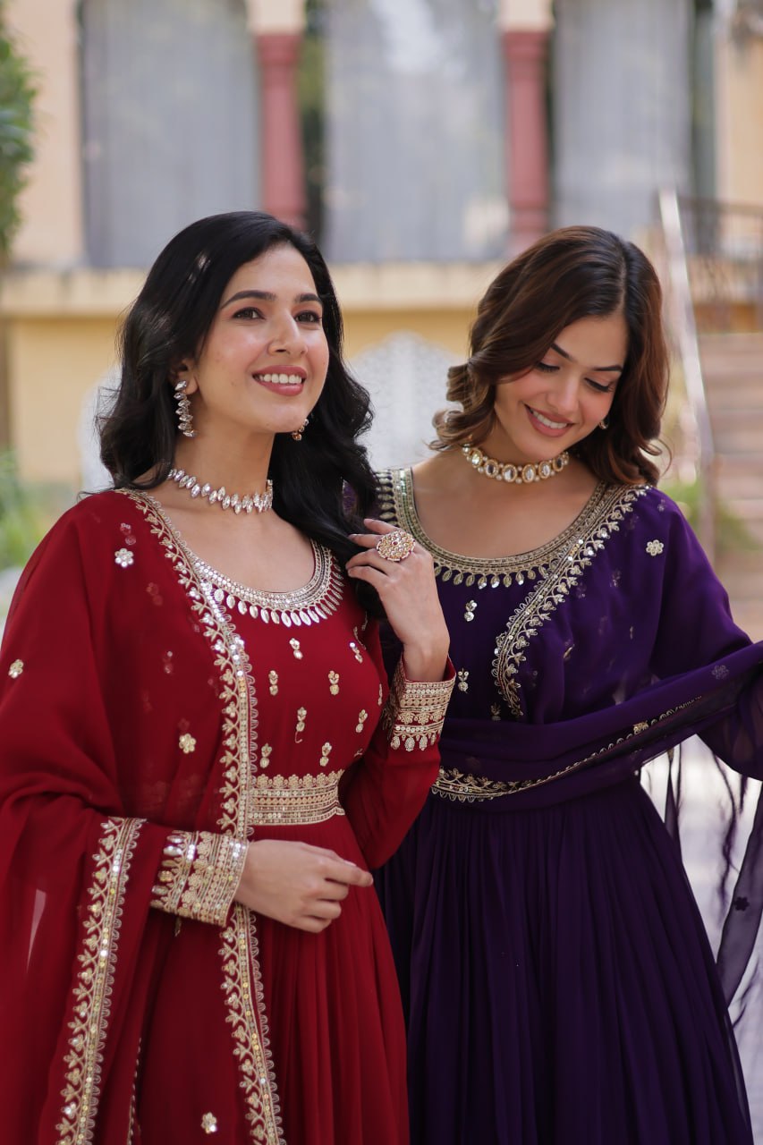 Stunning Red Color Sequins Georgette Festival Wear Gown With Dupatta
