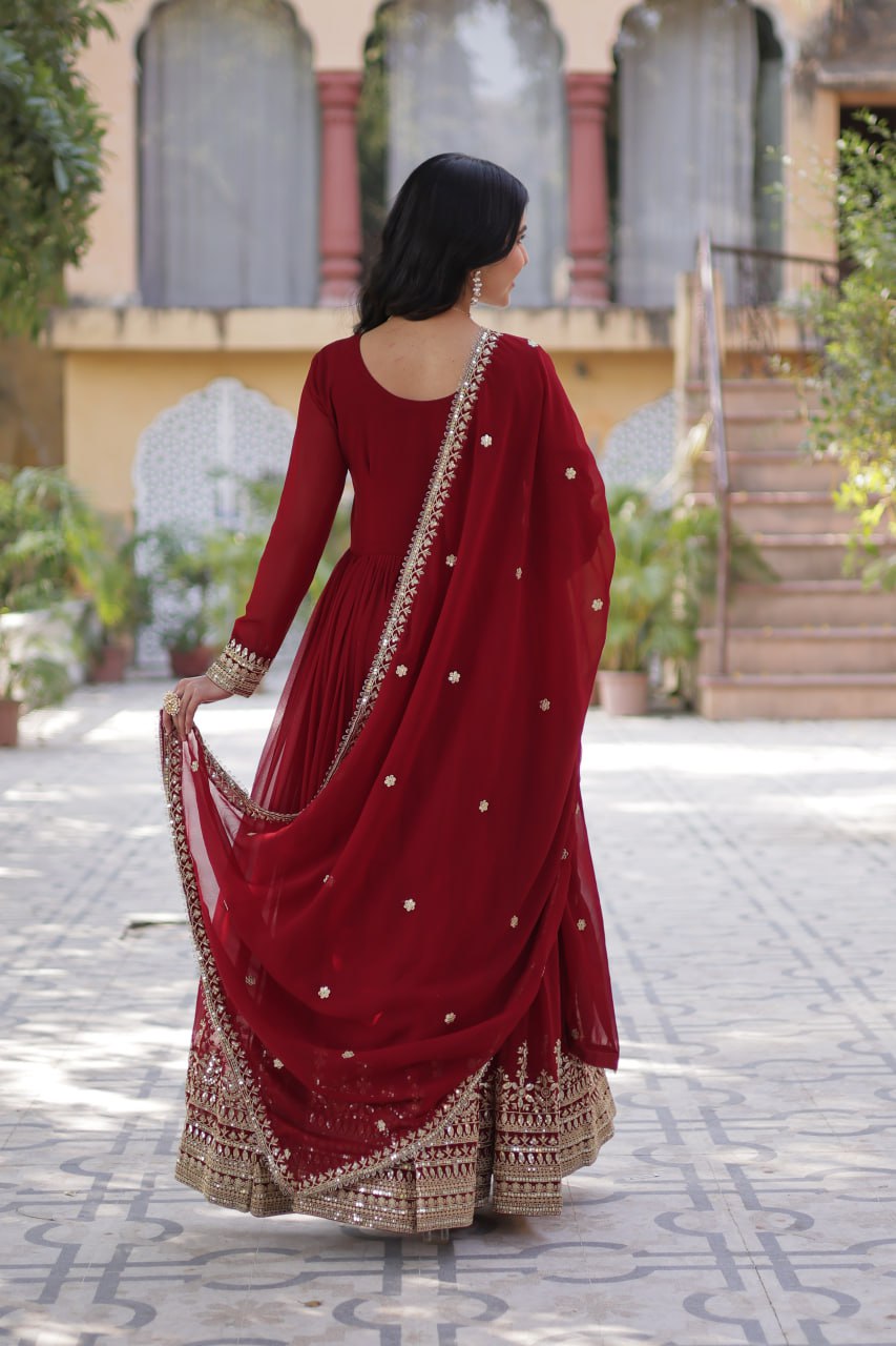 Stunning Red Color Sequins Georgette Festival Wear Gown With Dupatta