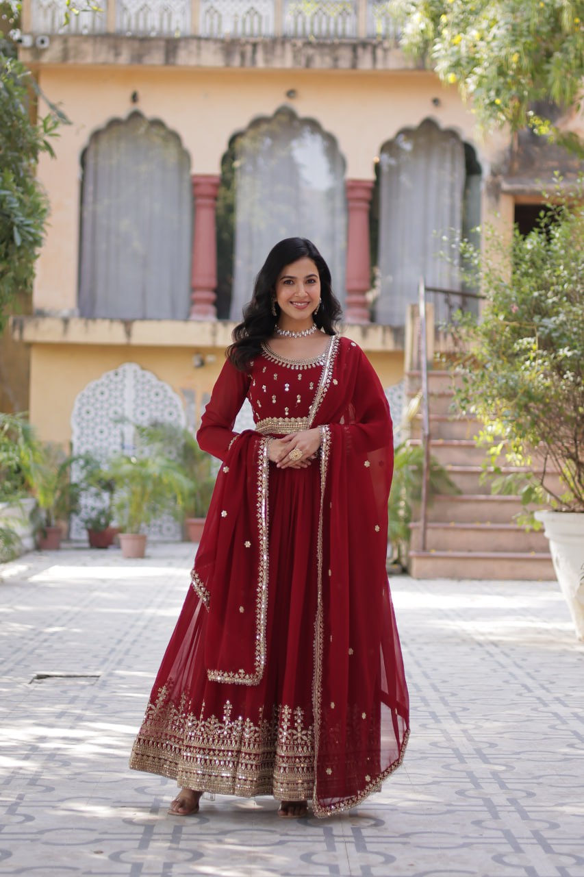 Stunning Red Color Sequins Georgette Festival Wear Gown With Dupatta